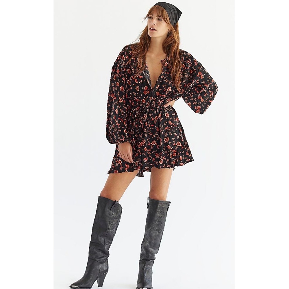 Free People Floral Mini Dress Black Orange Boho Peasant Smocked M